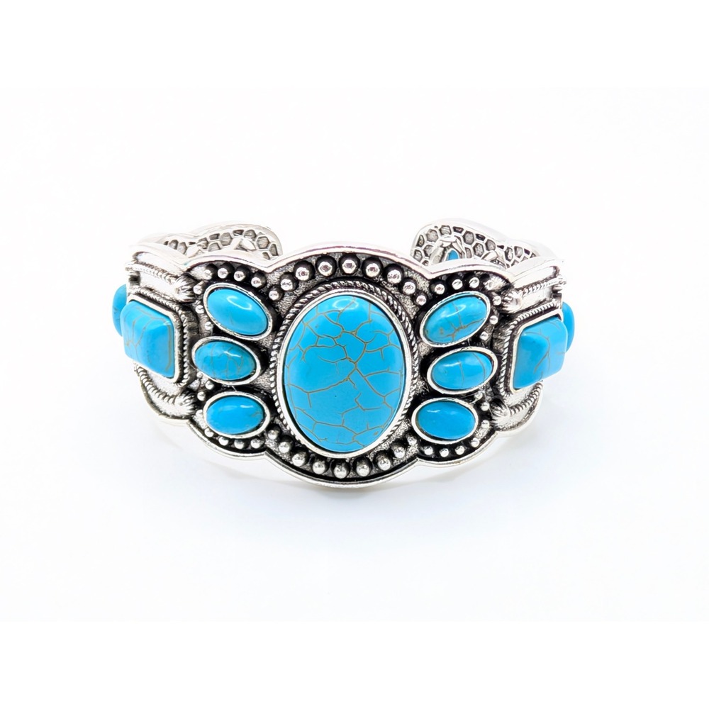 Boho Turquoise Style Cuff Bracelet Silver Tone Southwestern Statement Bangle